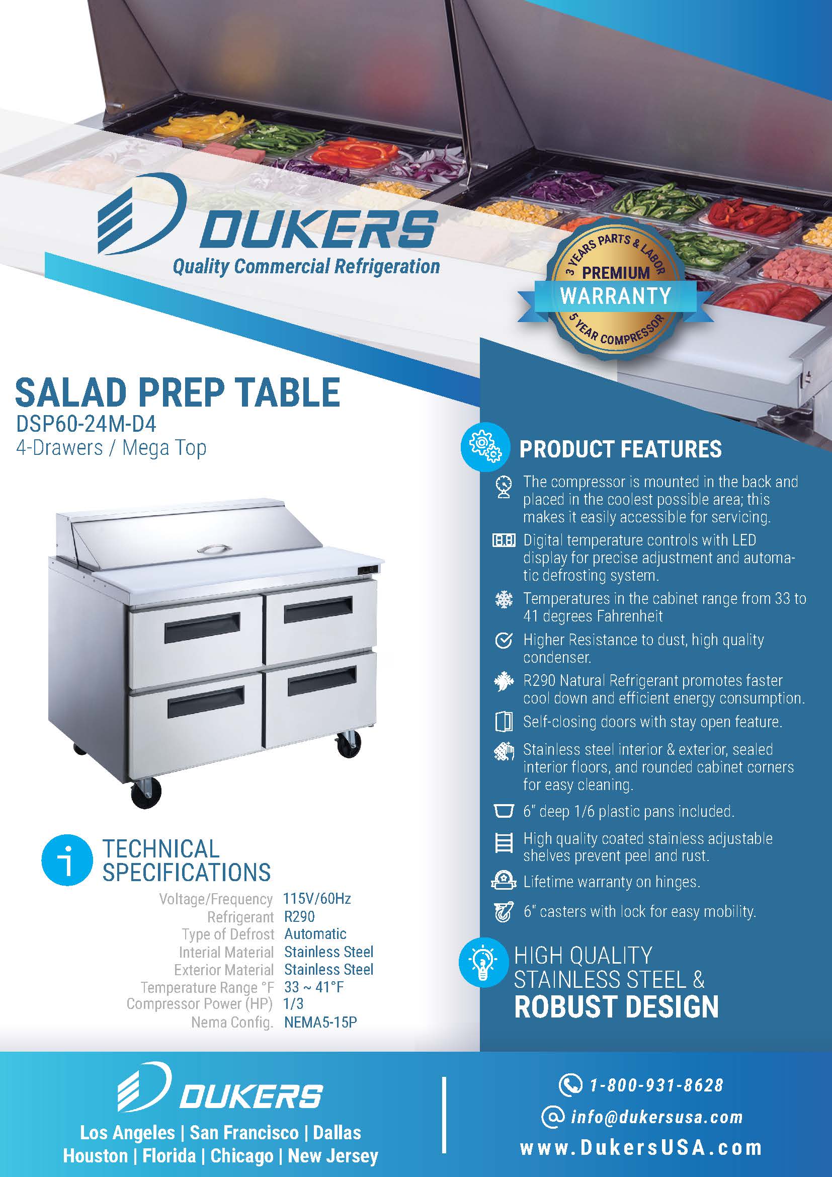 Dukers DSP60-24M-D4 60"W 4 Drawer Mega Top Refrigerated Prep Table
