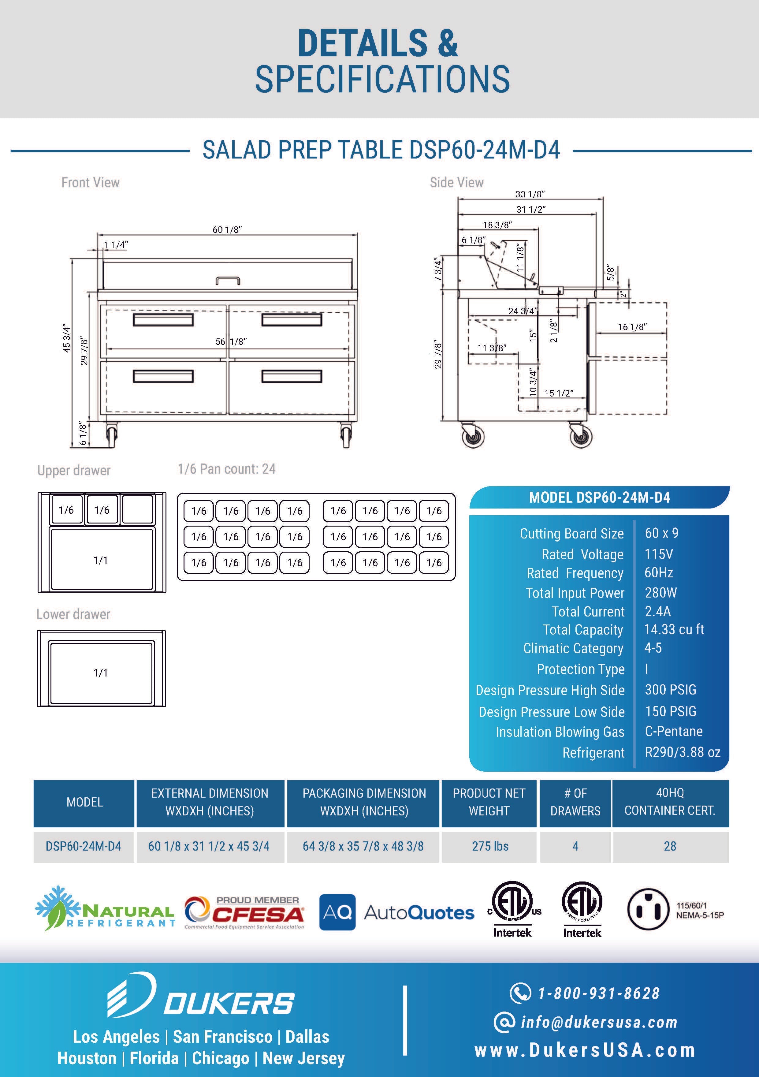 Dukers DSP60-24M-D4 60"W 4 Drawer Mega Top Refrigerated Prep Table