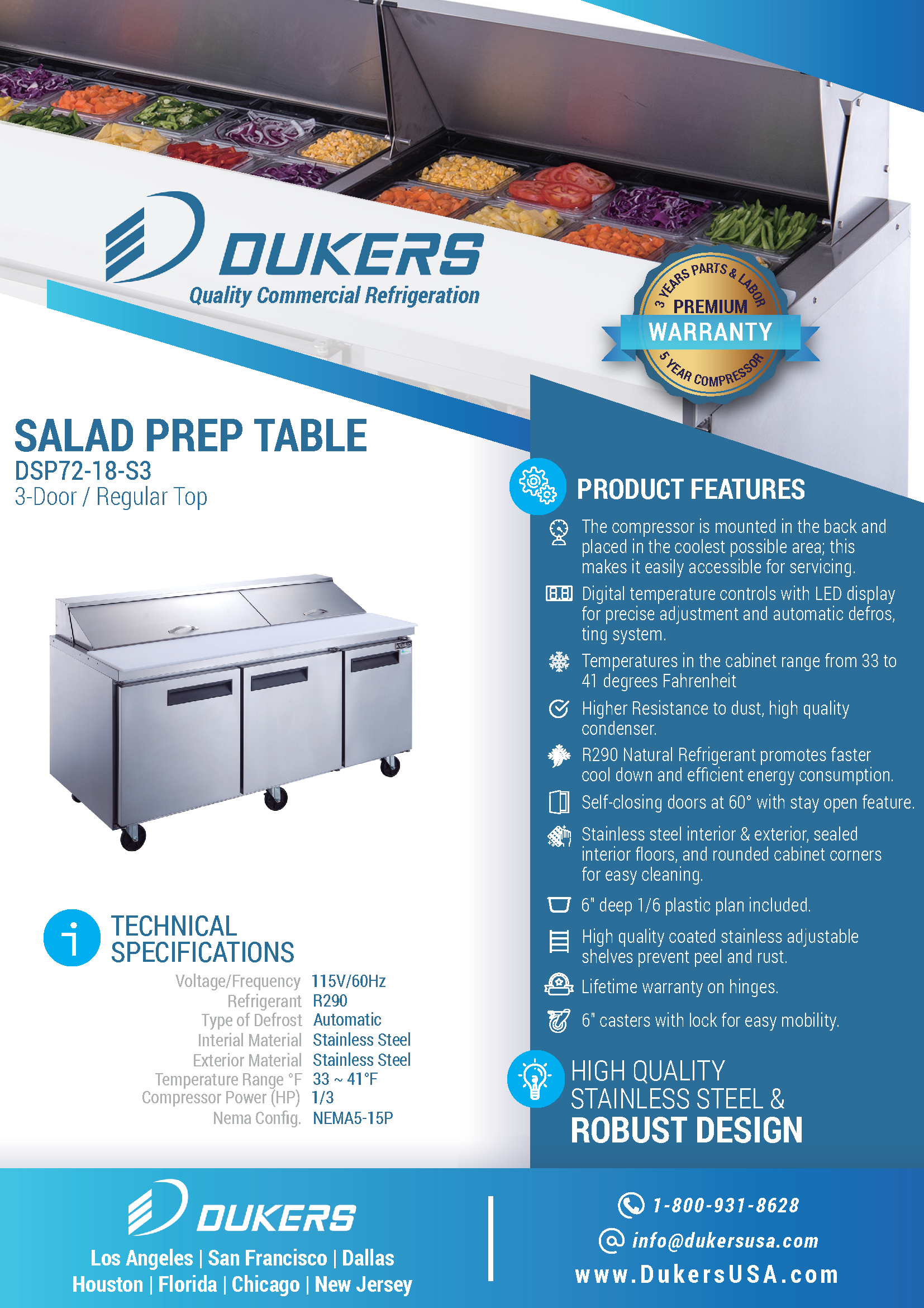 Dukers DSP72-18-S3 72"W 3 Door Standard Top Refrigerator Prep Table
