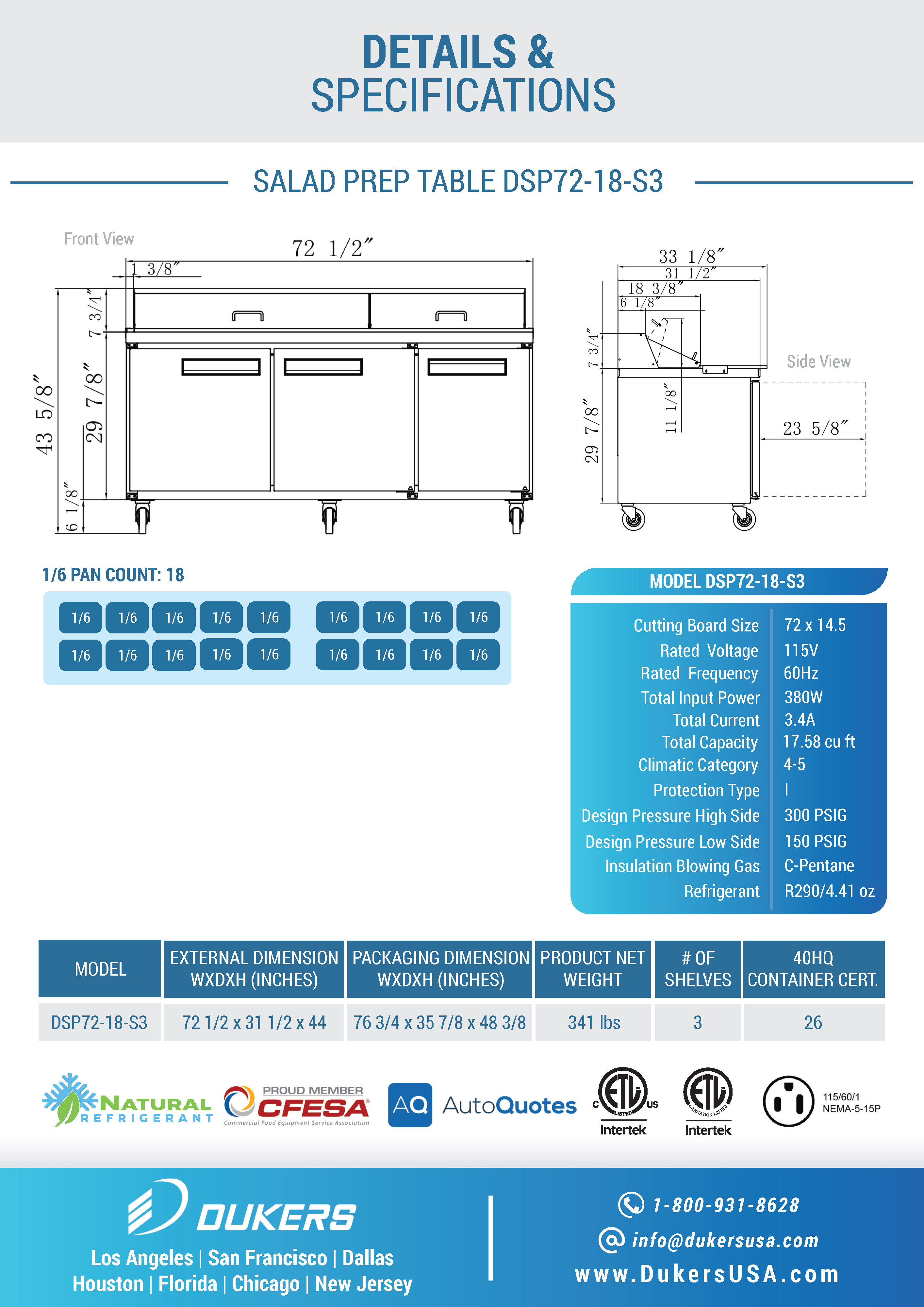 Dukers DSP72-18-S3 72"W 3 Door Standard Top Refrigerator Prep Table