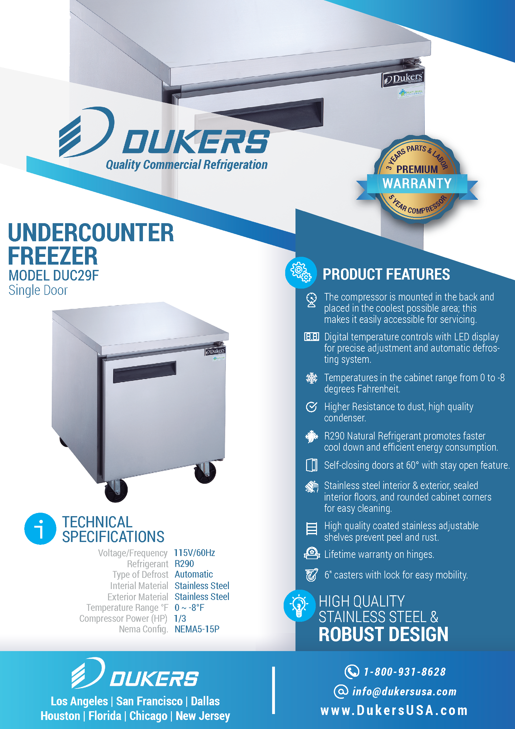 Dukers DUC29F 29"W Single Door Undercounter Worktop Freezer