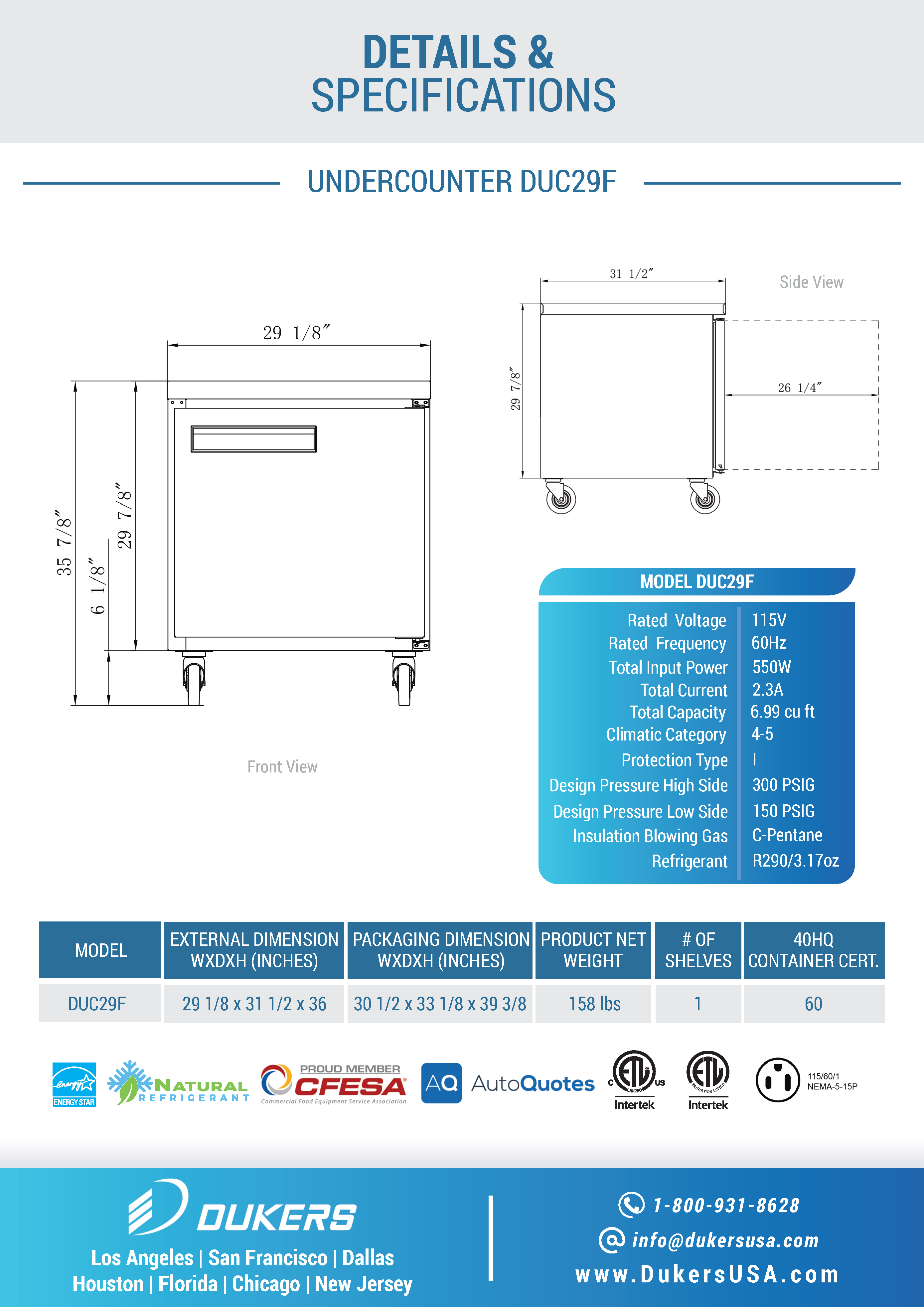 Dukers DUC29F 29"W Single Door Undercounter Worktop Freezer