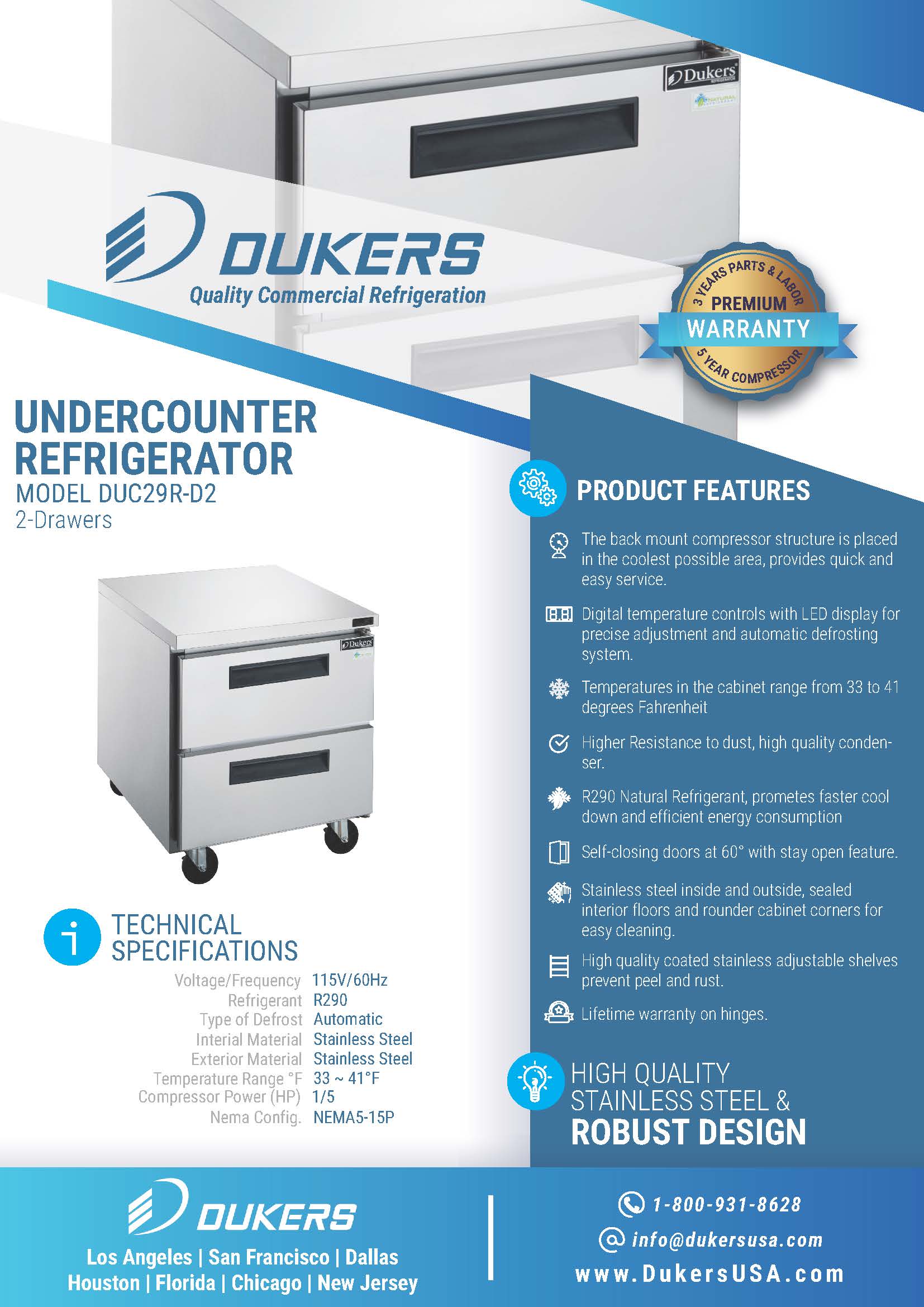 Dukers DUC29R-D2 29"W 2 Drawer Undercounter Worktop Refrigerator