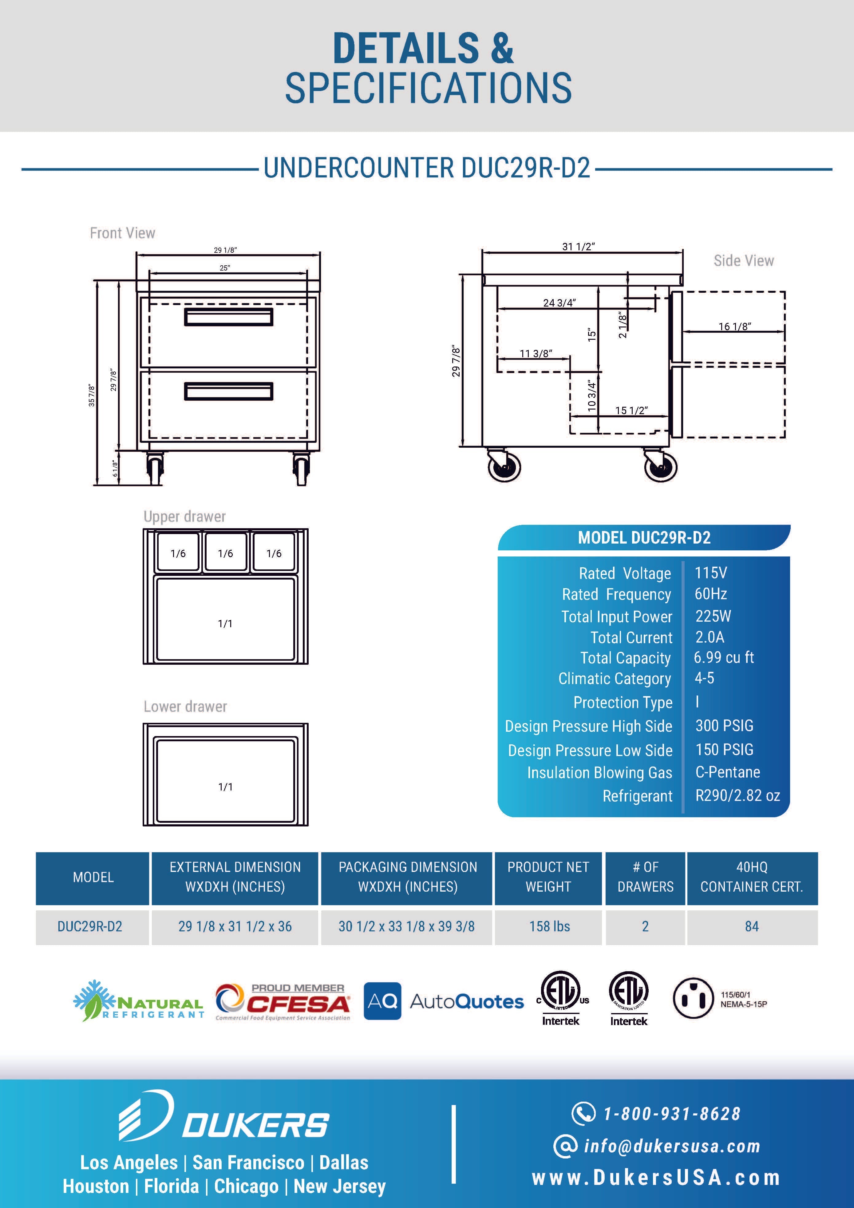 Dukers DUC29R-D2 29"W 2 Drawer Undercounter Worktop Refrigerator