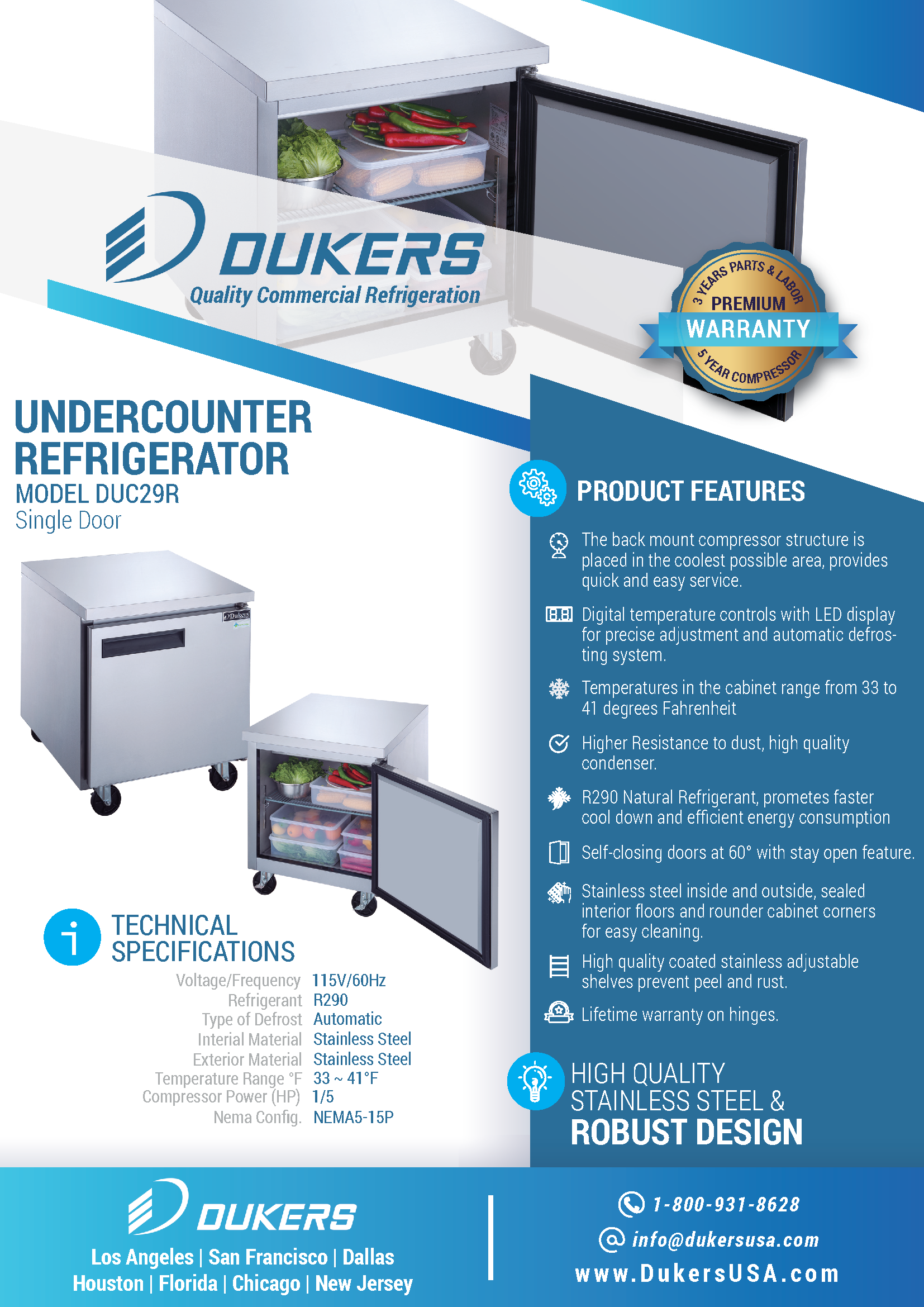 Dukers DUC29R 29"W Single Door Undercounter Worktop Refrigerator