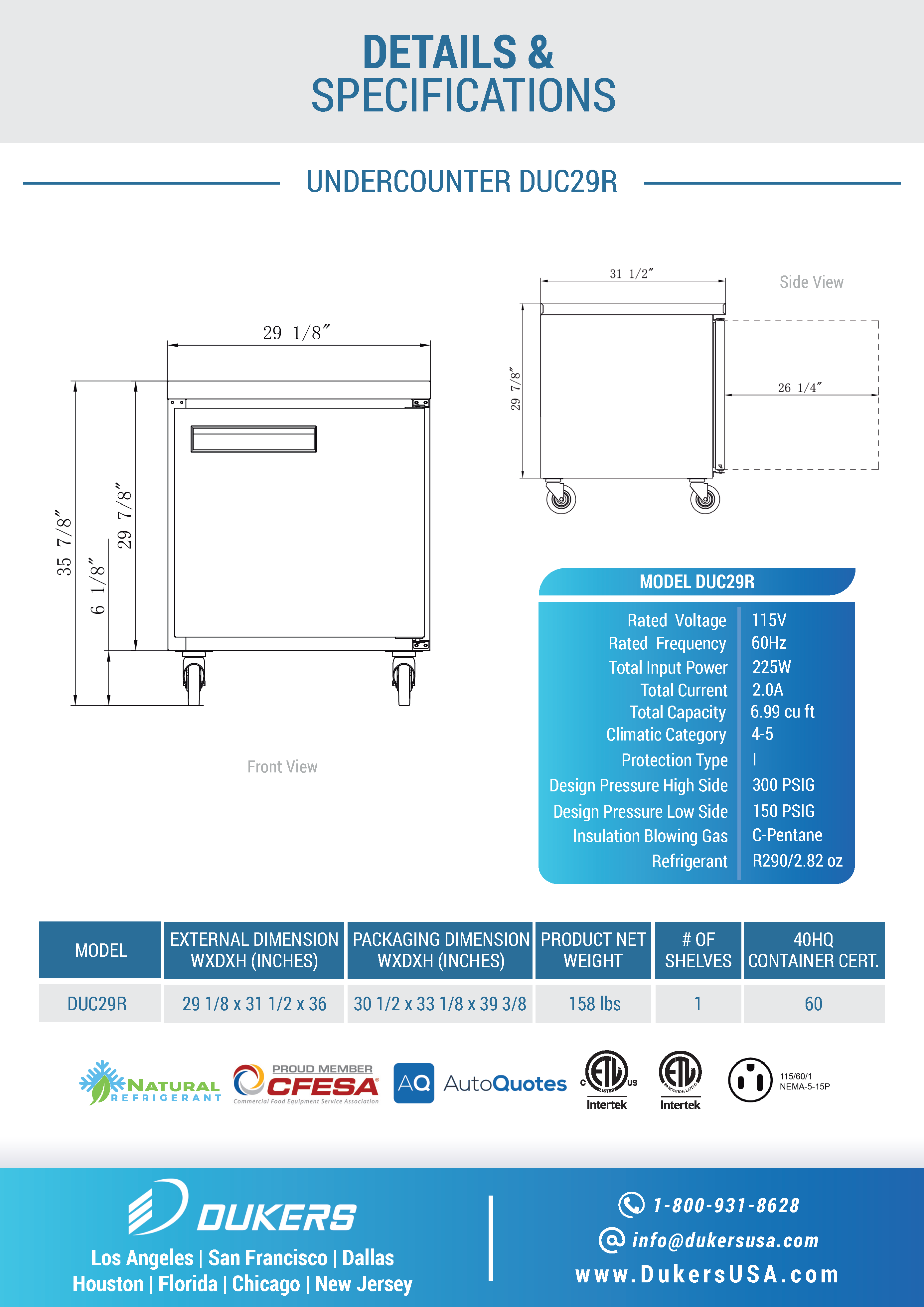 Dukers DUC29R 29"W Single Door Undercounter Worktop Refrigerator