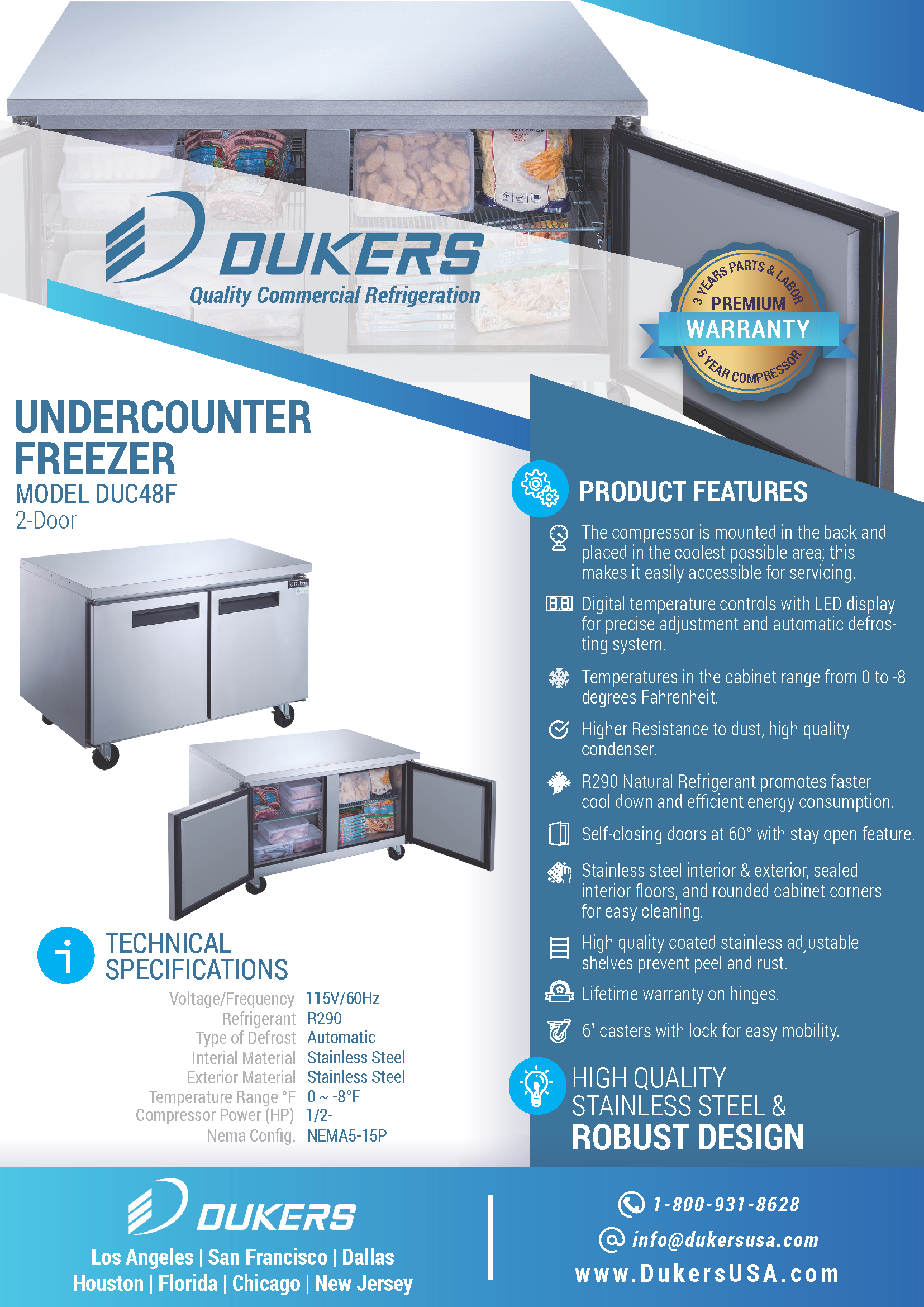 Dukers DUC48F 48"W 2 Door Undercounter Worktop Freezer