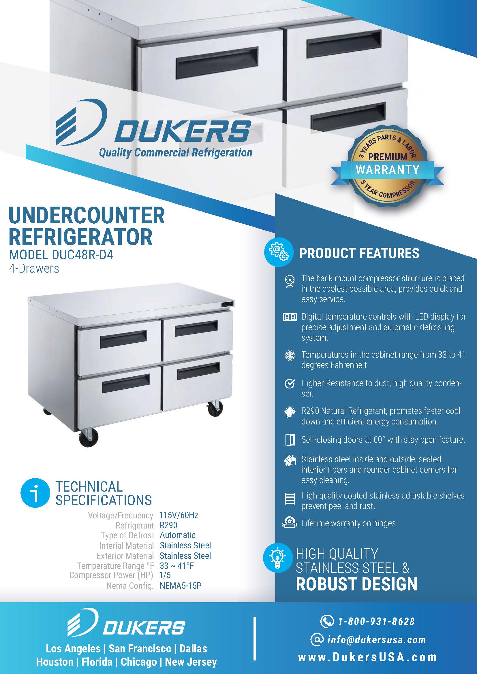 Dukers DUC48R-D4 48"W 4 Drawer Undercounter Worktop Refrigerator