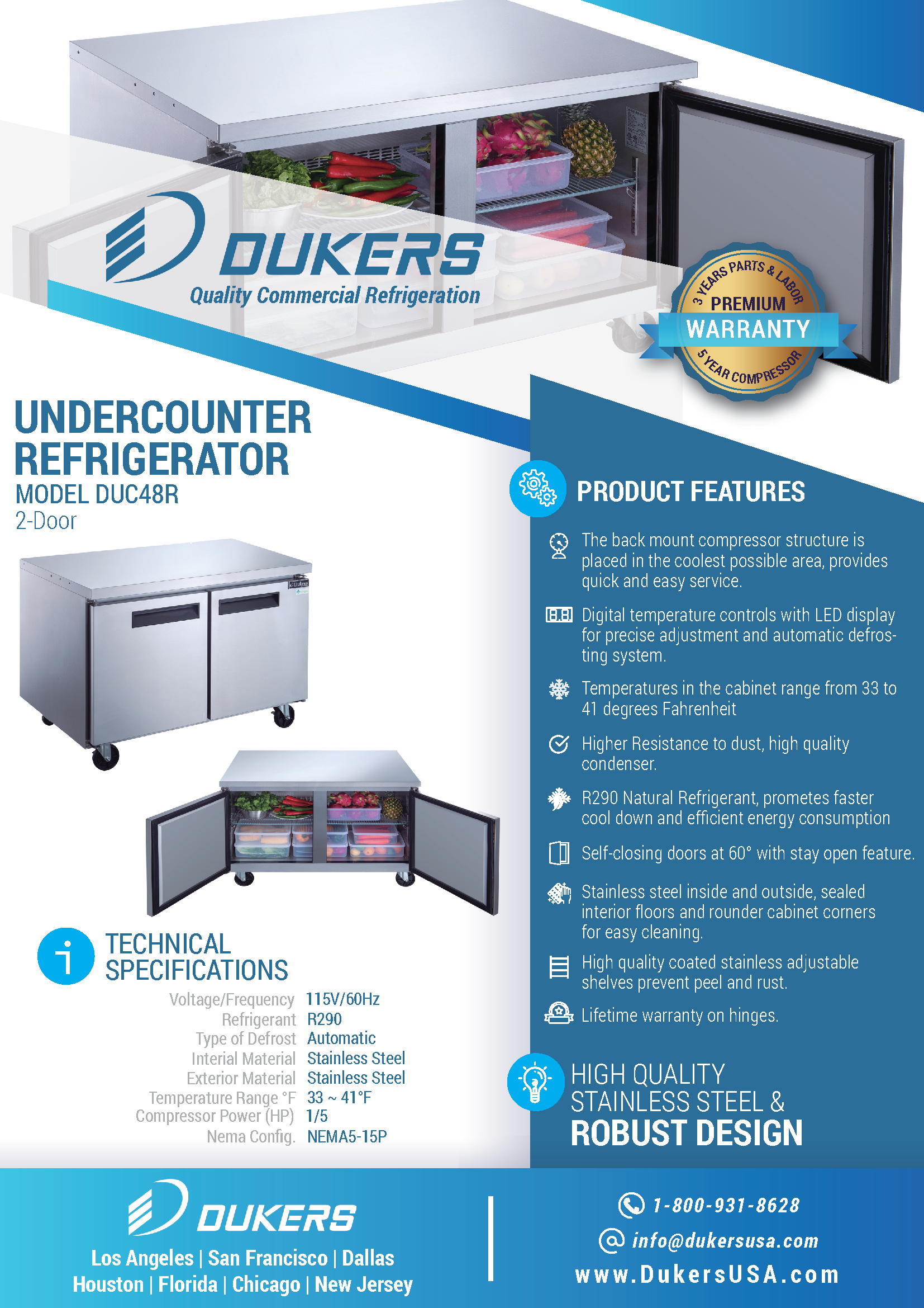 Dukers DUC48R 48"W 2 Door Undercounter Worktop Refrigerator