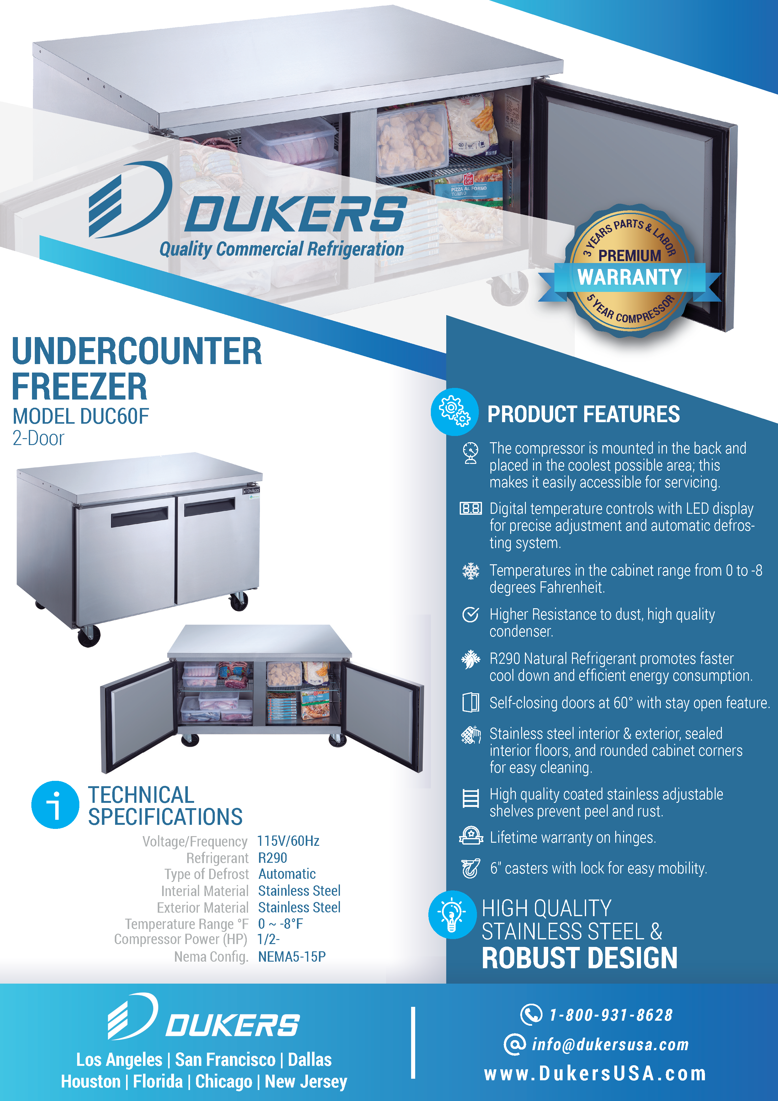 Dukers DUC60F 60"W 2 Door Undercounter Worktop Freezer