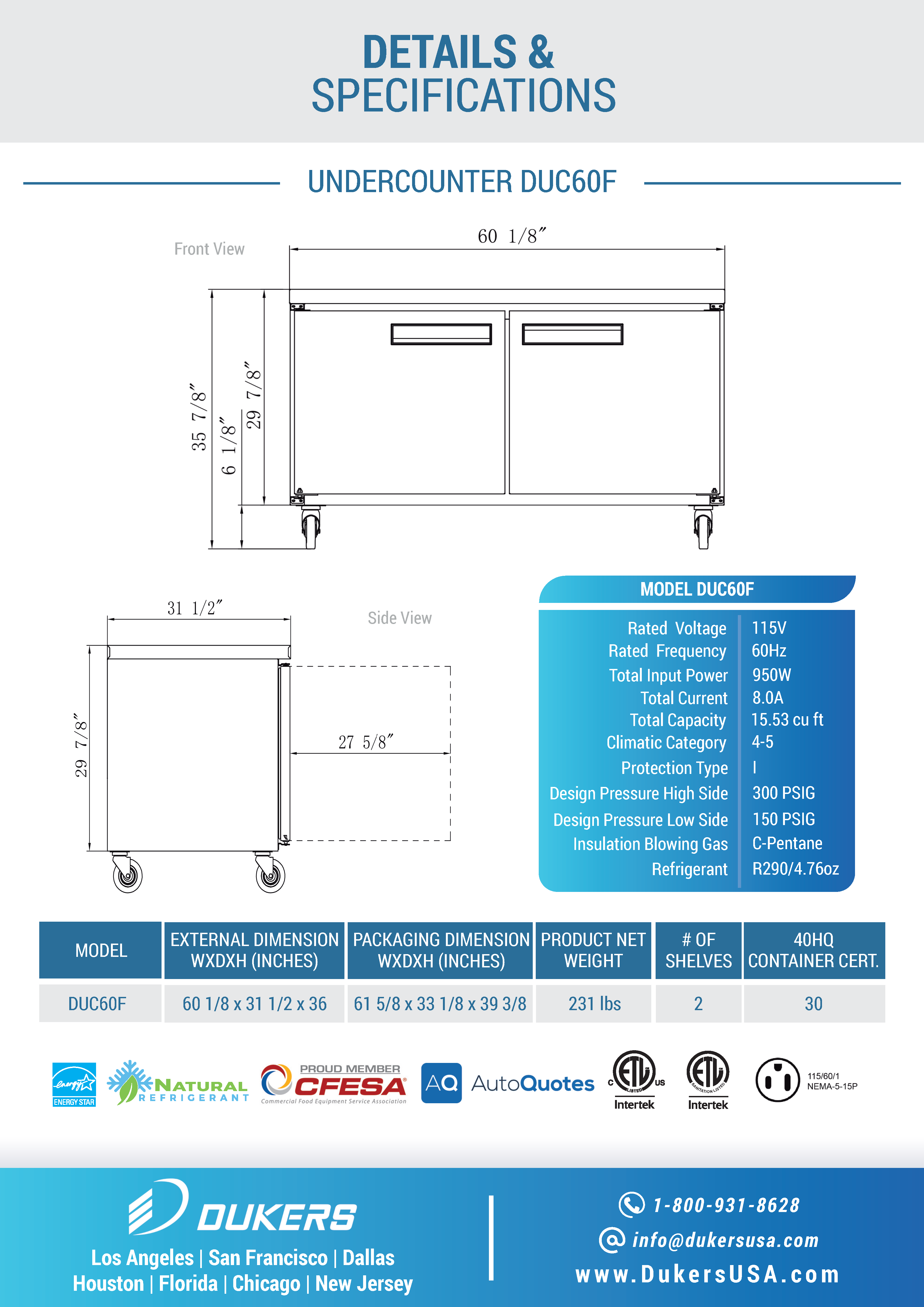 Dukers DUC60F 60"W 2 Door Undercounter Worktop Freezer