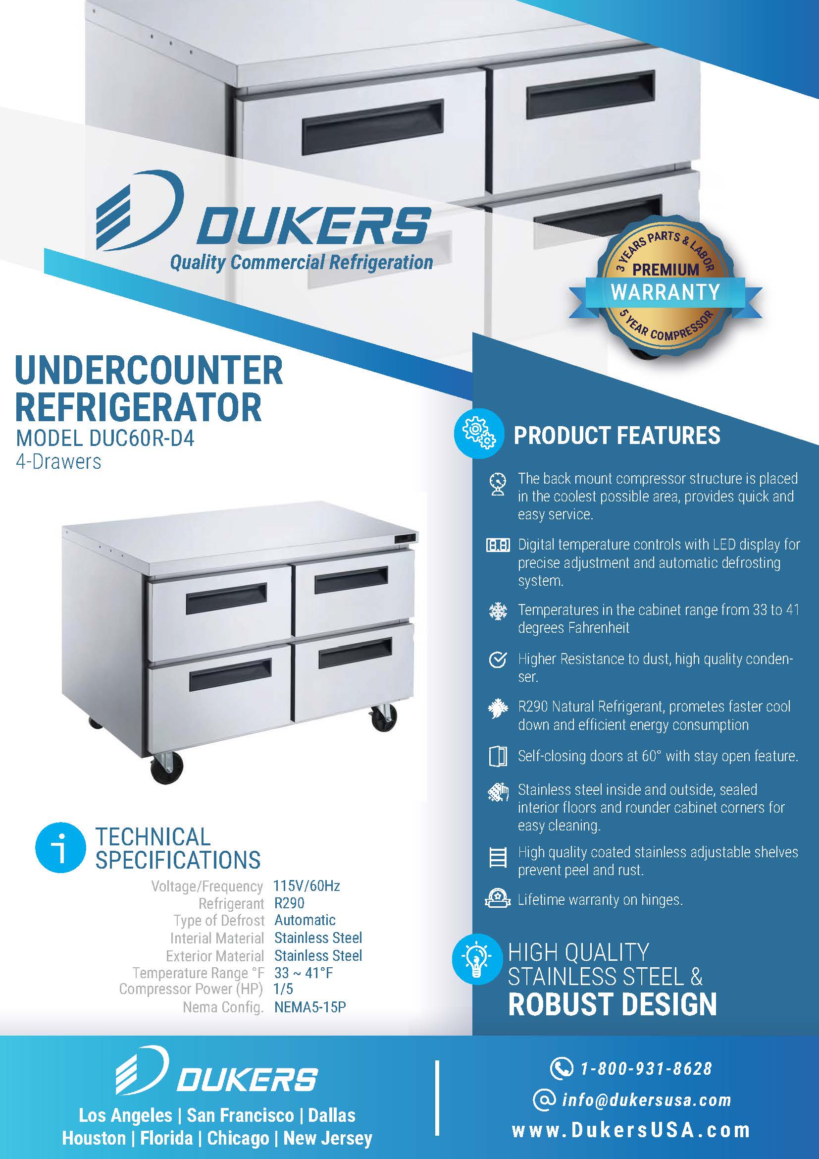 Dukers DUC60R-D4 60"W 4 Drawer Undercounter Worktop Refrigerator