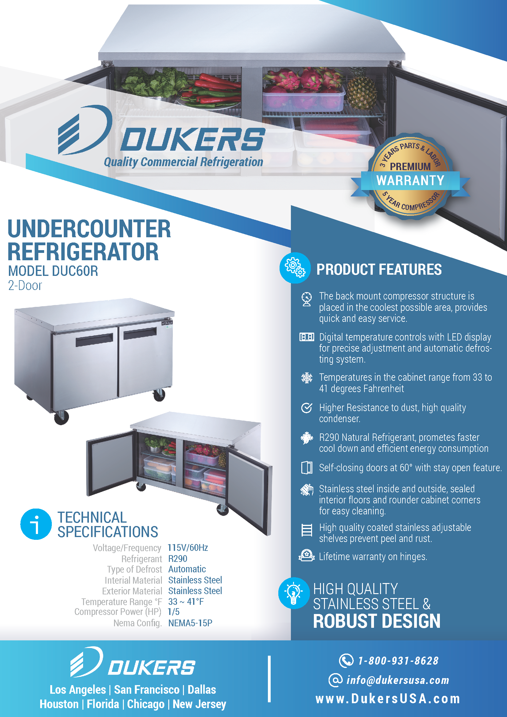 Dukers DUC60R 60"W 2 Door Undercounter Worktop Refrigerator