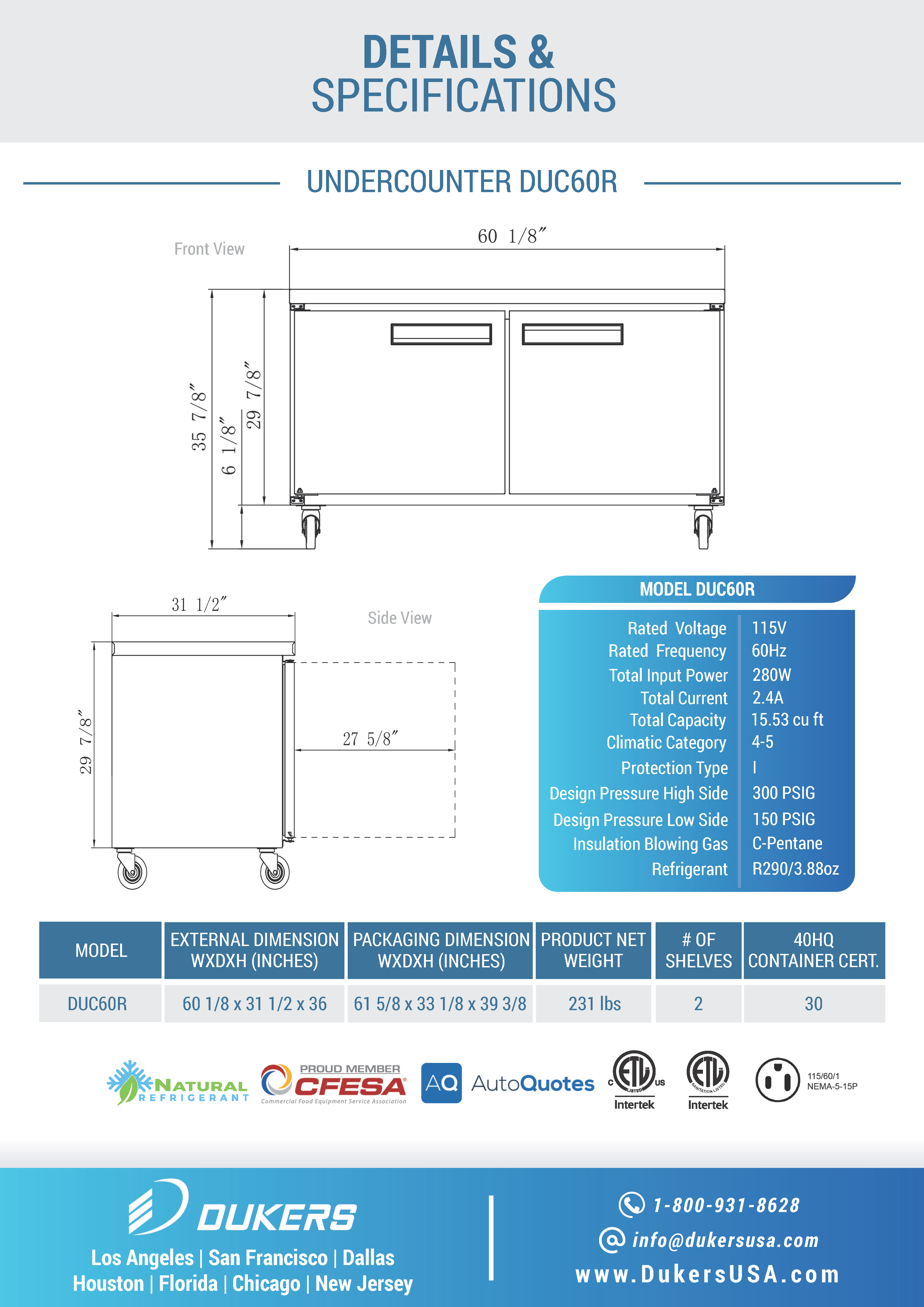 Dukers DUC60R 60"W 2 Door Undercounter Worktop Refrigerator