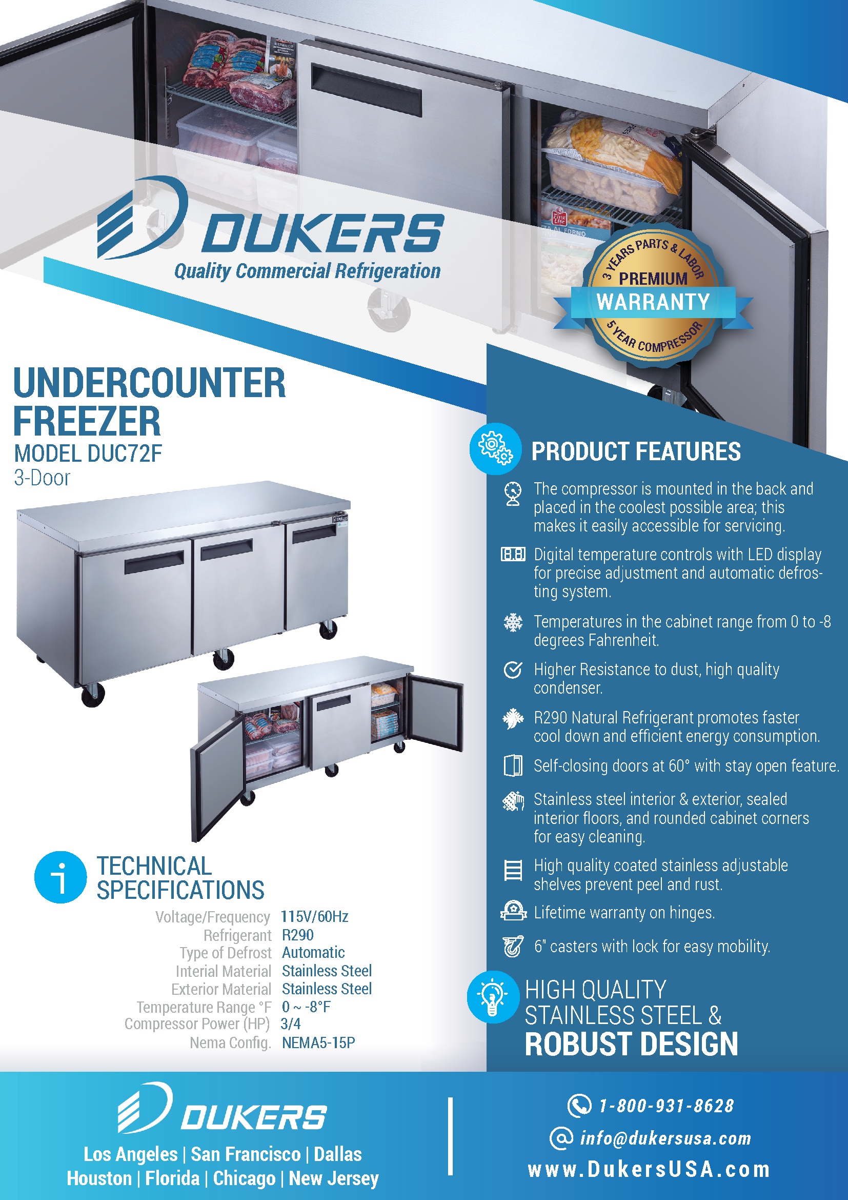 Dukers DUC72F 72"W 3 Door Undercounter Worktop Freezer