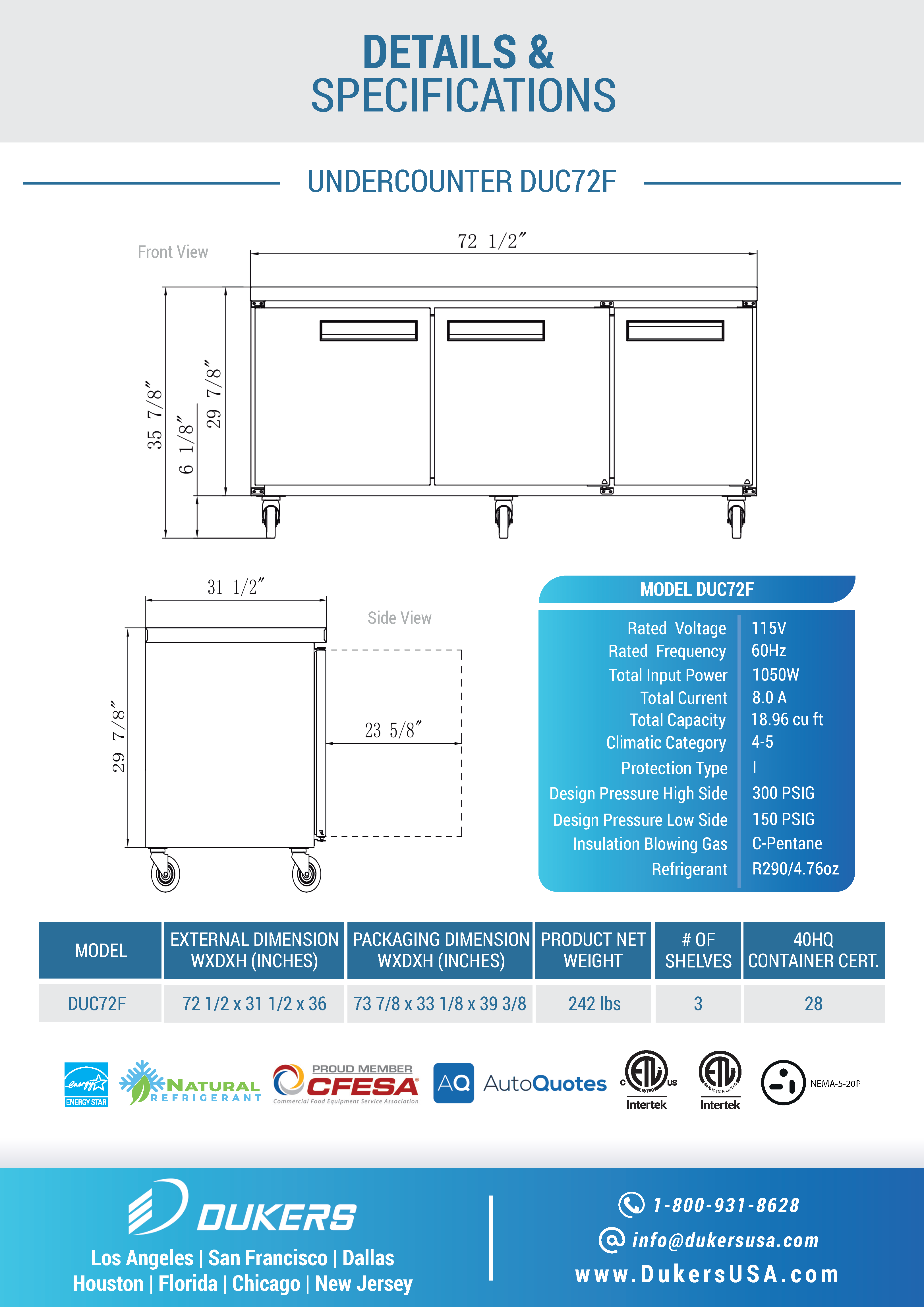 Dukers DUC72F 72"W 3 Door Undercounter Worktop Freezer