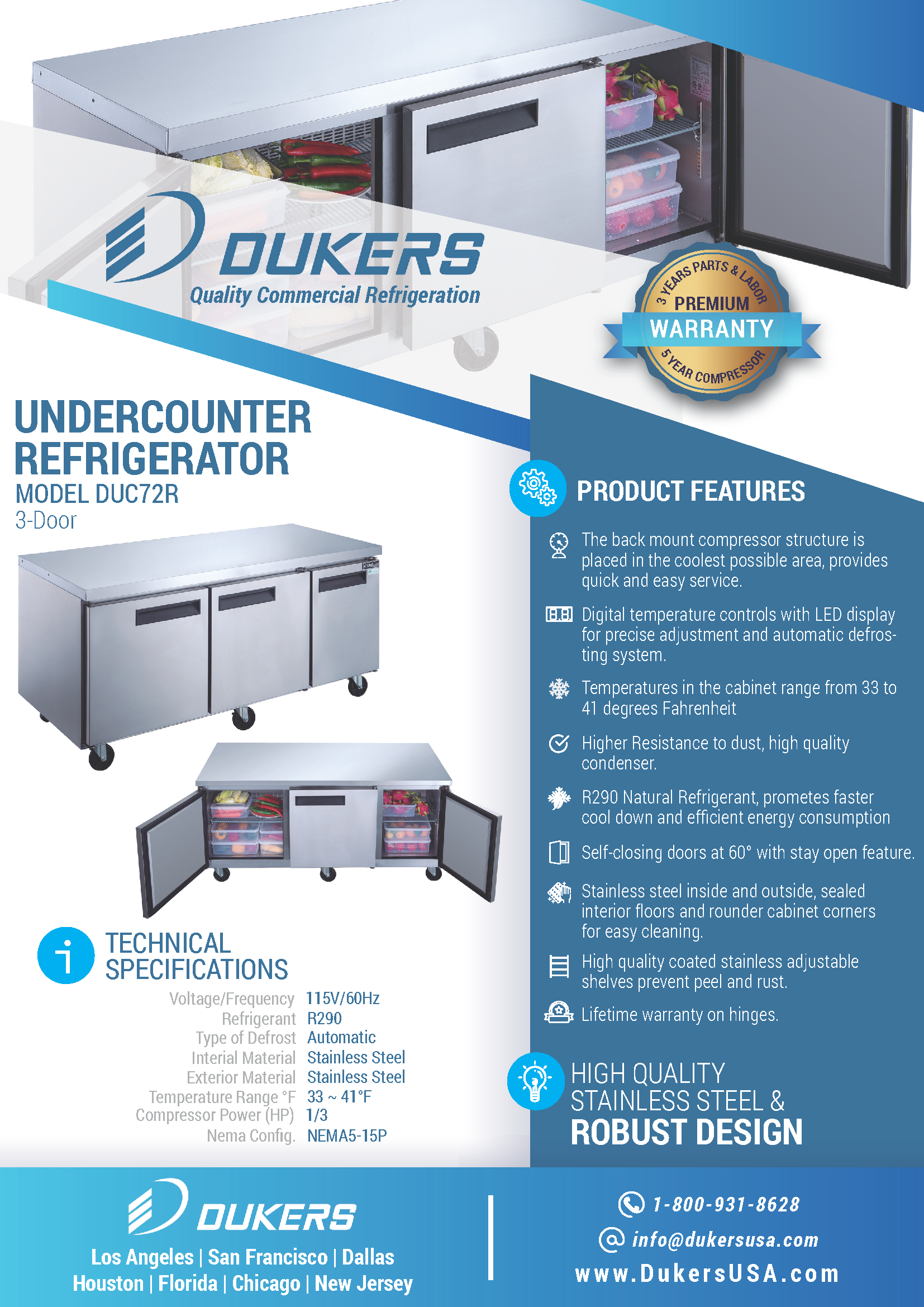 Dukers DUC72R 72"W 3 Door Undercounter Worktop Refrigerator