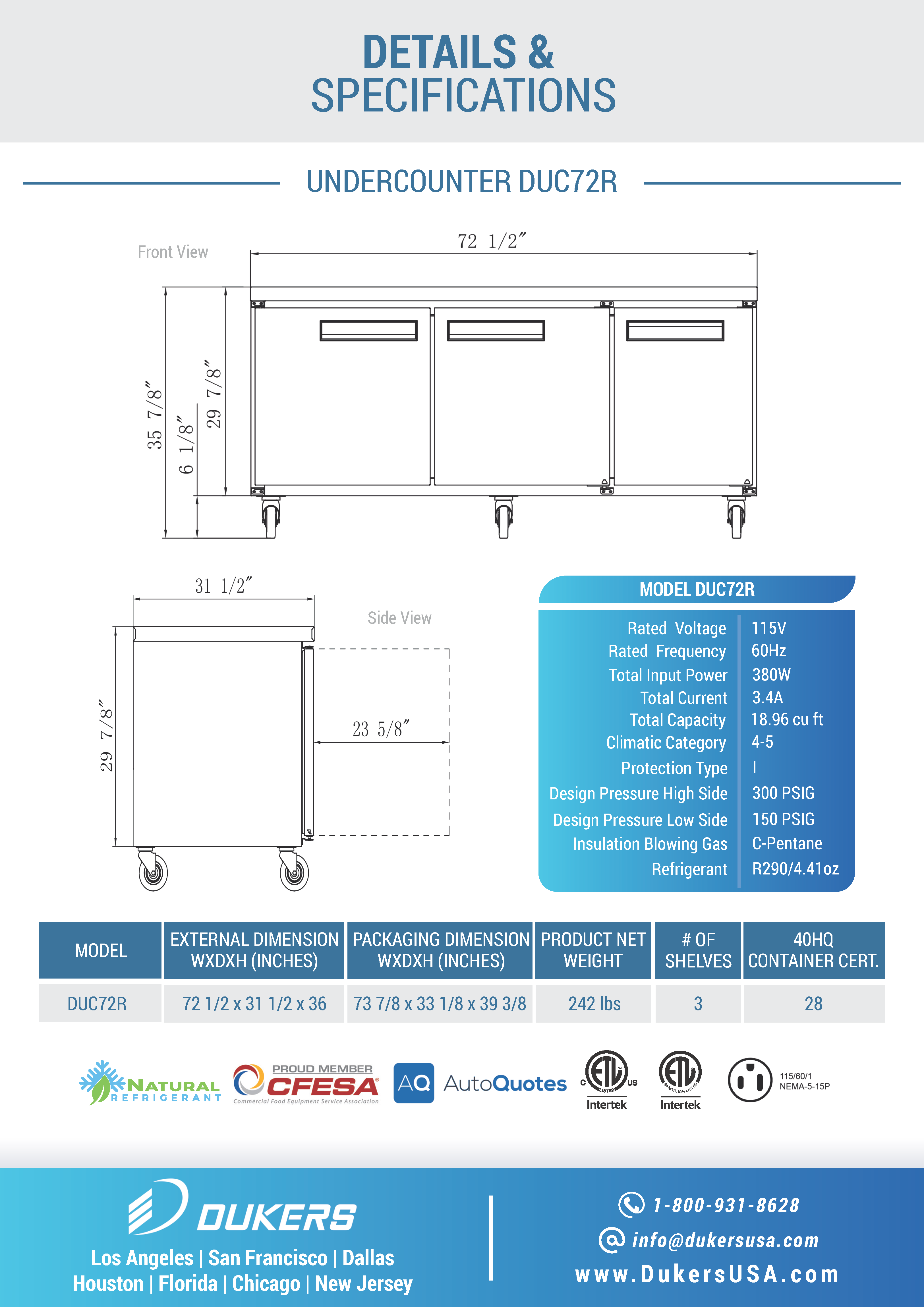 Dukers DUC72R 72"W 3 Door Undercounter Worktop Refrigerator
