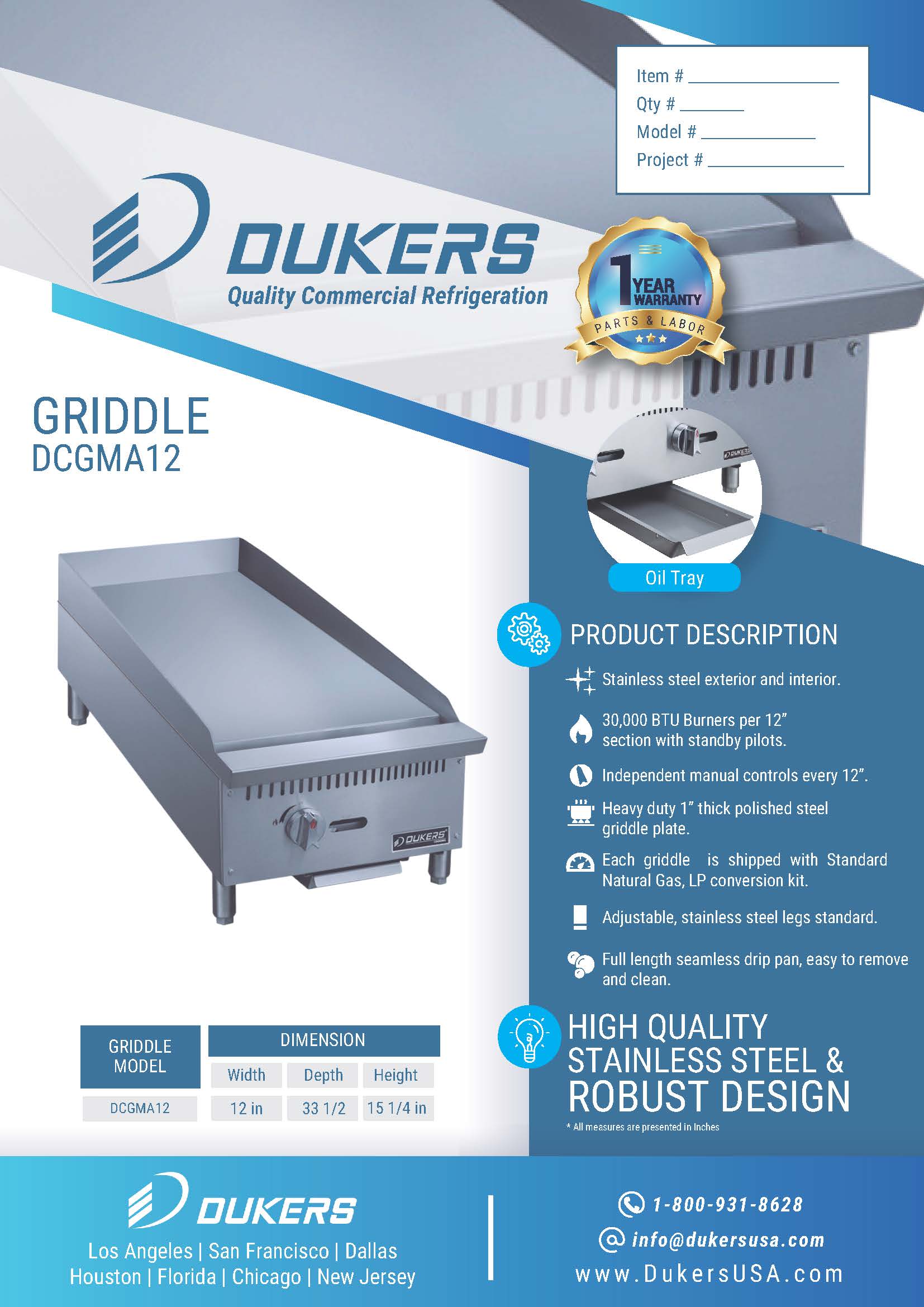 Dukers DCGMA12 12"W Heavy Duty 1" Thick NG/LP Griddle with 1 Burner
