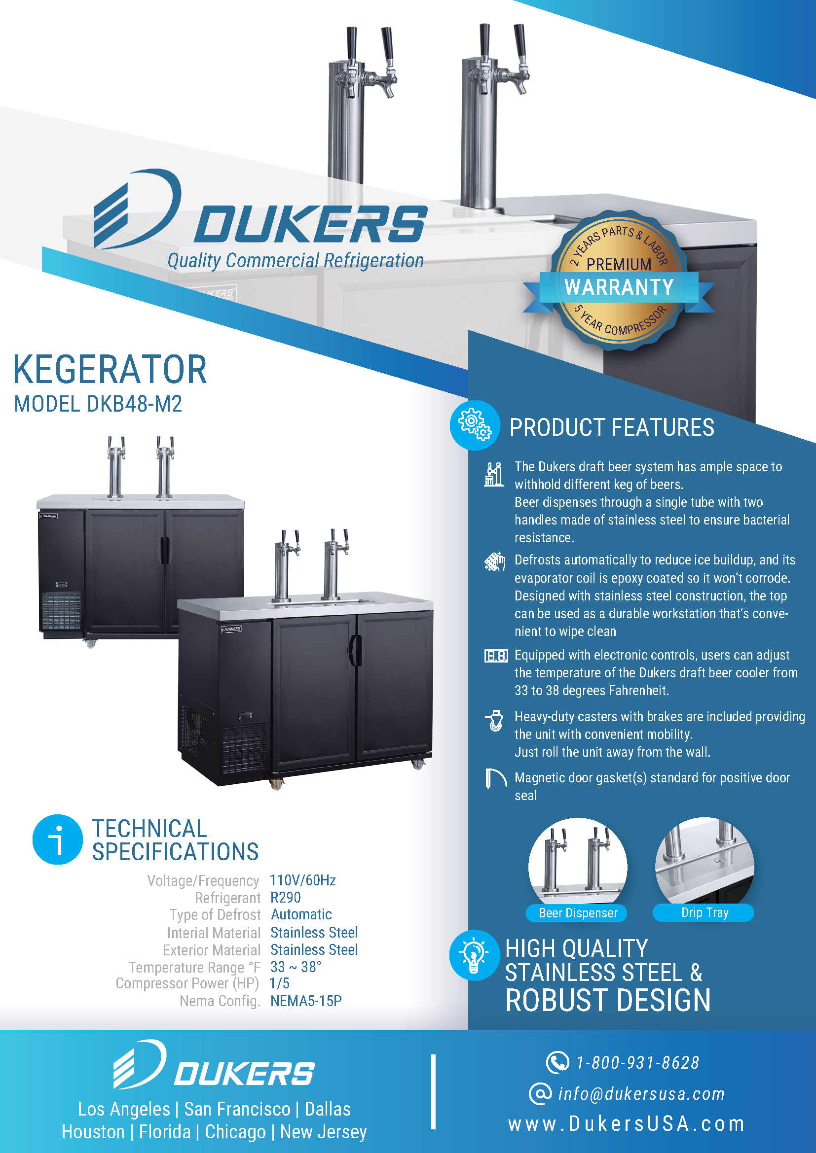 Dukers DKB48-M2 48"W Dual Tap Kegerator Beer Dispenser