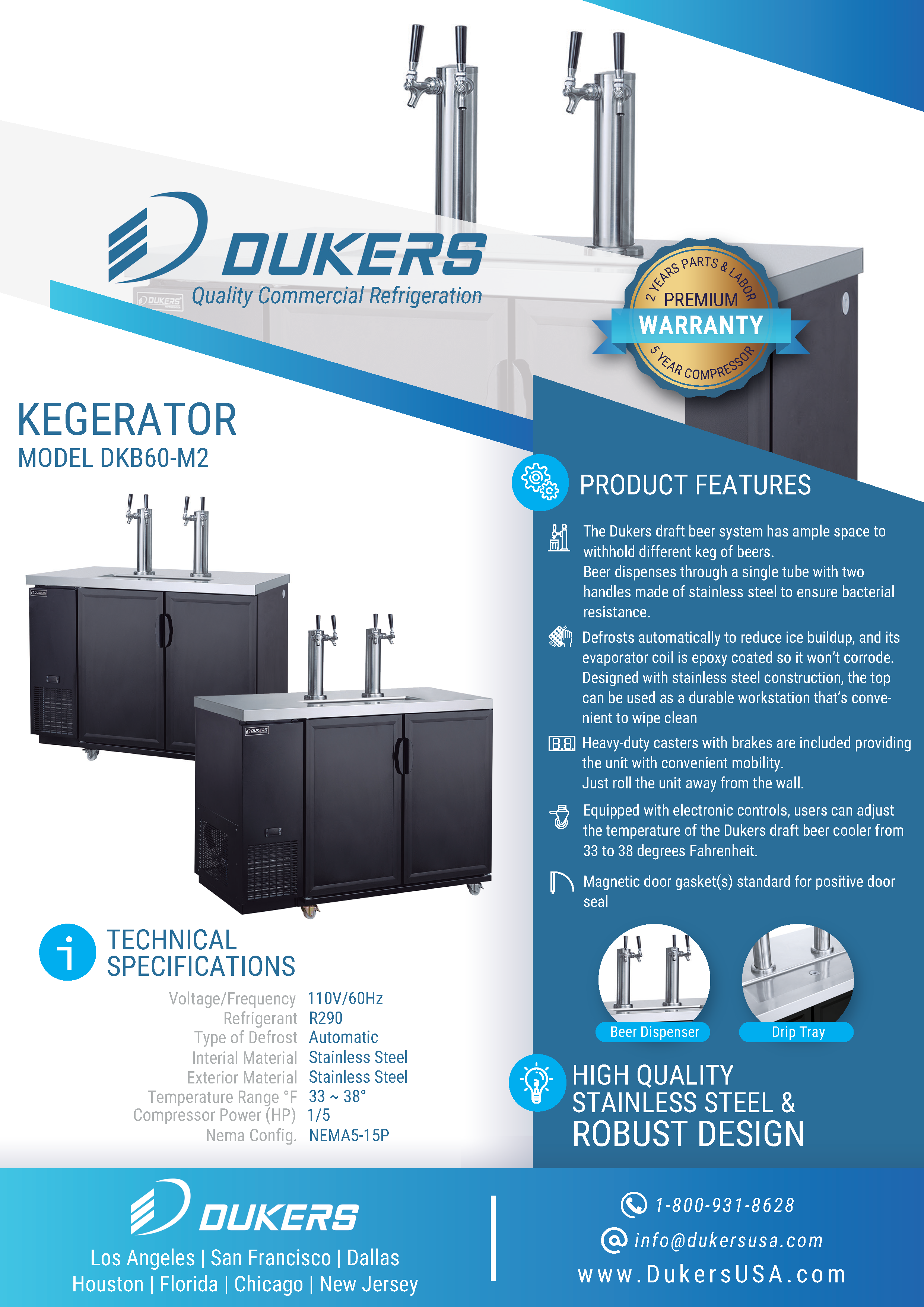 Dukers DKB60-M2 60"W Dual Tap Kegerator Beer Dispenser