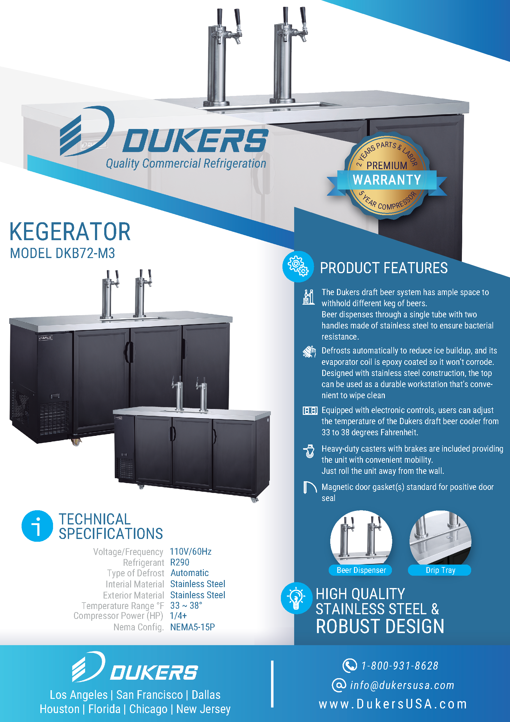 Dukers DKB72-M3 72"W Dual Tap Kegerator Beer Dispenser