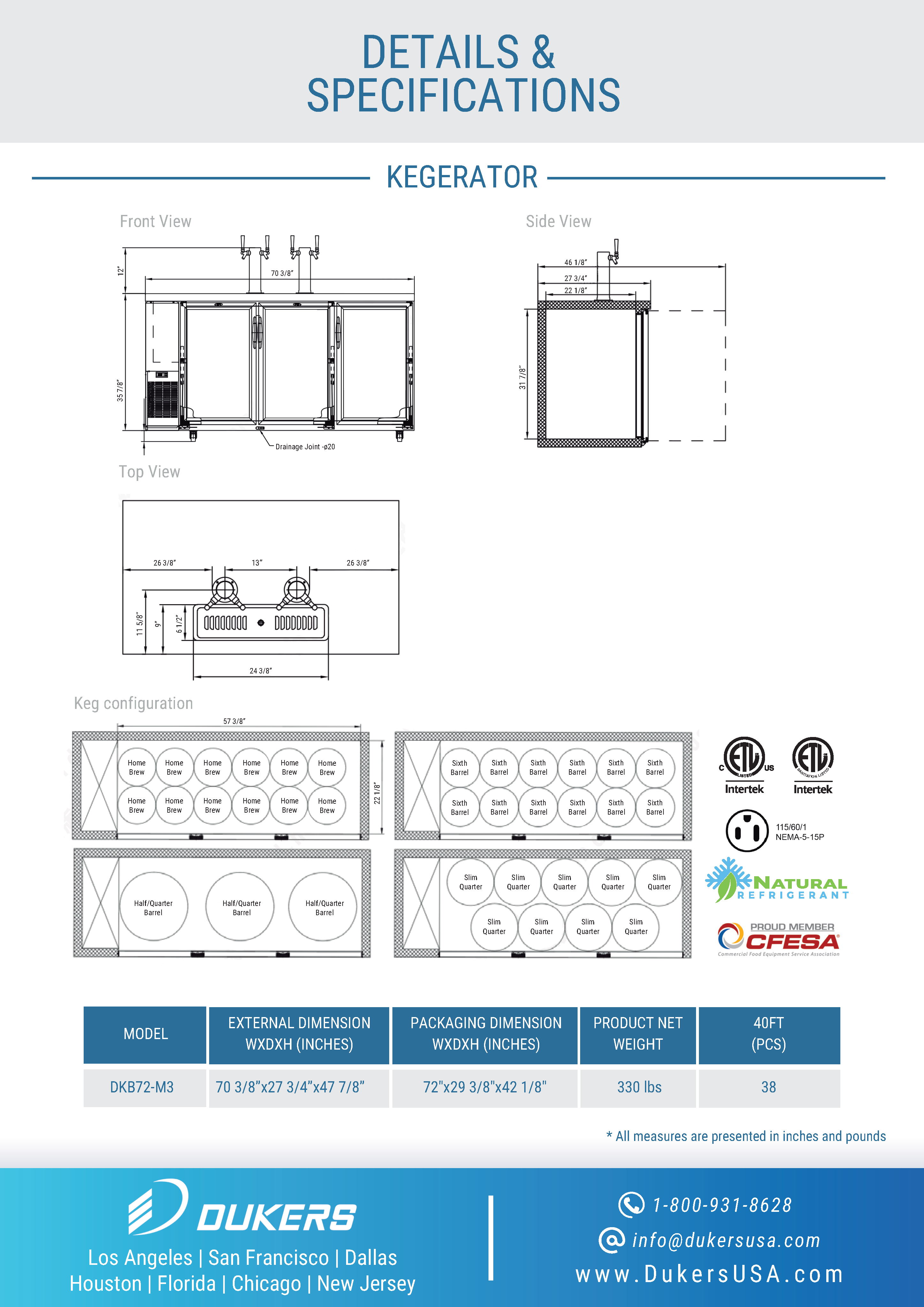 Dukers DKB72-M3 72"W Dual Tap Kegerator Beer Dispenser