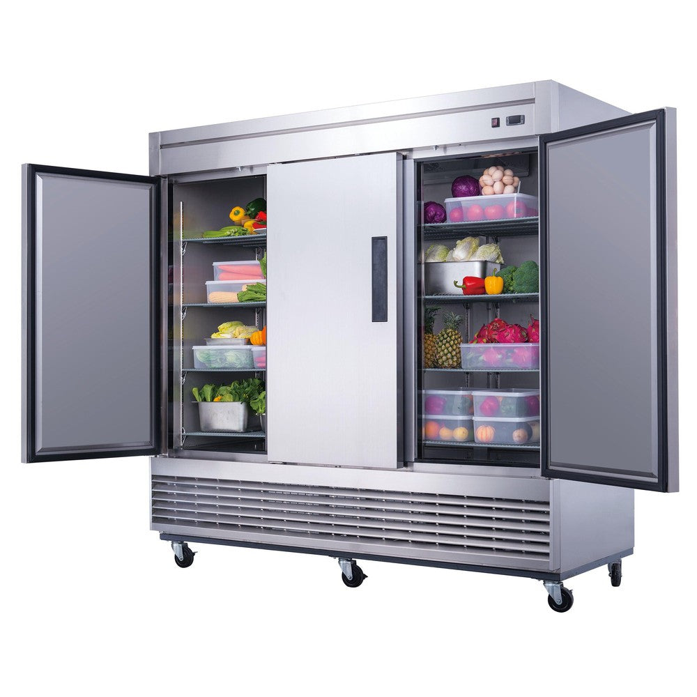 Dukers D83R 82-5/8"W 3 Solid Door Bottom Mount Reach-In Refrigerator