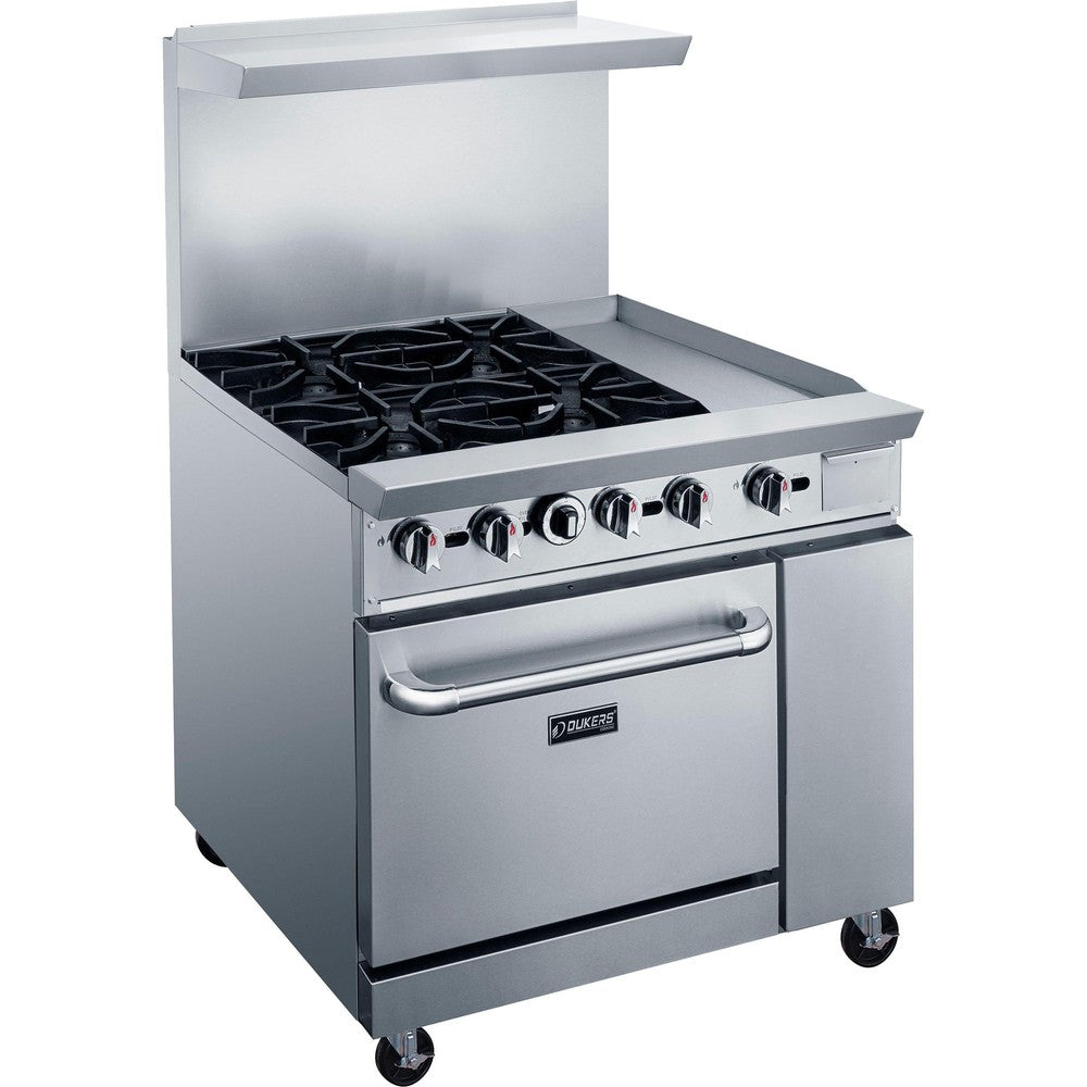 Dukers DCR36-4B12GM 36"W NG/LP Range with 4 Open Burners & 12"W Griddle