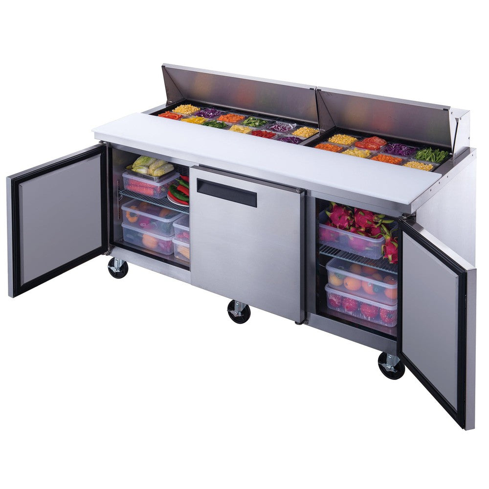 Dukers DSP72-18-S3 72"W 3 Door Standard Top Refrigerator Prep Table